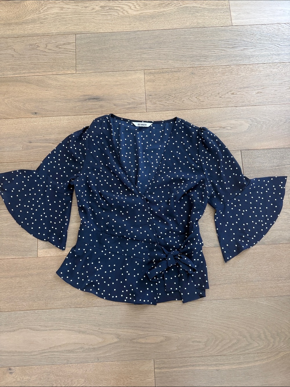 BB Dakota Navy Polka Dot Wrap Blouse